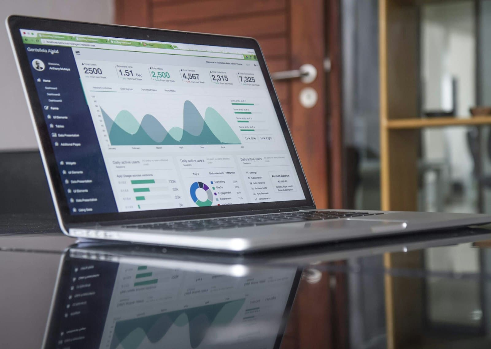 Laptop showing charts and account balances